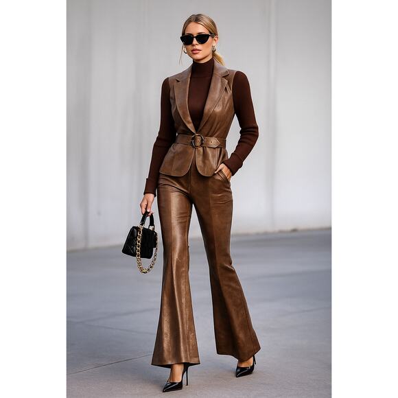 vintage Cache brown bronze gold leather pant suit y2k quiet luxury small - Picture 1 of 11
